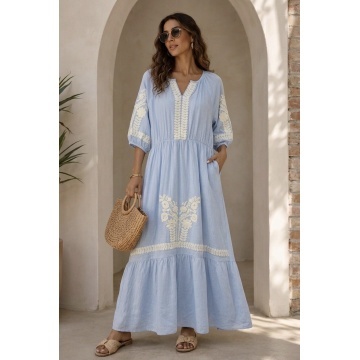 RGD26054 Rochie Boho Azure cu Broderie Tradițională