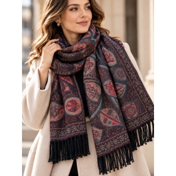 RGECH-AU70661P Eșarfă Paisley din Vâscoză și Lână – Burgundy & Petrol