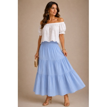 RGL2607 Fustă Maxi Boho Bleu Natural Linen Touch – Vâscoză & In - Img 5