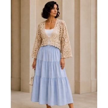 RGL2607 Fustă Maxi Boho Bleu Natural Linen Touch – Vâscoză & In