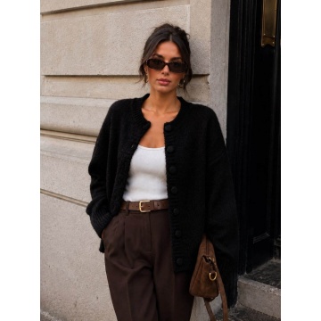 RGWL-080100N–Cardigan Negru Pufos cu Lână și Nasturi Îmbrăcați – Soft Elegance L–3XL (42–46) - Img 4