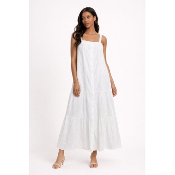 Rochie lungă din bumbac 100% tip Sangallo, croială lejeră – RG6051-3 ALB - Img 3
