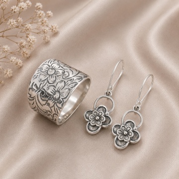 Set Floral Vintage din Argint 925 – Inel Lat și Cercei Delicați - R2516-E4259