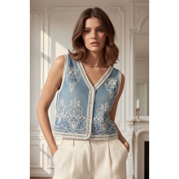 Vestă din Denim Brodată cu Dantelă și Nasturi din Lemn RGR6969 - Img 2