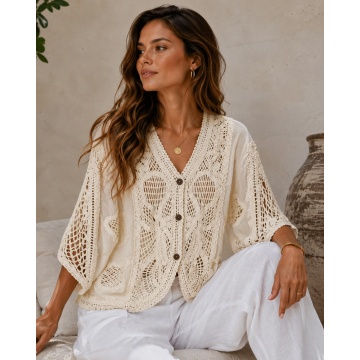 Cardigan CREM Boho Ajurat cu Broderie Florală – Crem, 100% Bumbac RG2002C