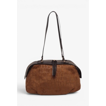 Geantă de Umăr Croco Suede Chic – Camel, cu Textură Croco și Accesorii Aurii RG26845 - Img 2