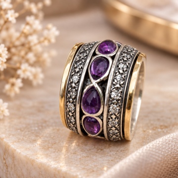 Inel Amethysta din argint 925 și aur 14K – cu piatră naturală de ametist