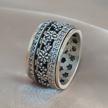 Inel Floréna din argint 925, benzi aur 14K și zirconii – model floral vintage - Img 1