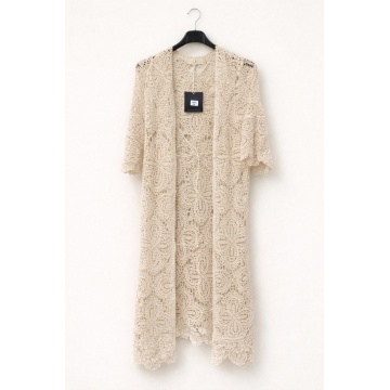 RG0802 – Cardigan Lung (M–XL) Croșetat Boho din Bumbac 100% – Crem Natural - Img 3