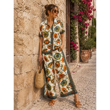 RG170300 Set EU 42–46 (L–XXL) oversized din in și bumbac cu imprimeu Papaya – Cămașă & Pantaloni Palazzo | Fabricat în Italia