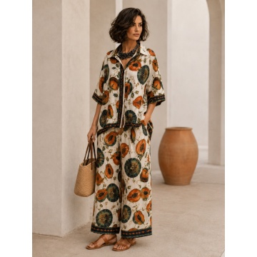 RG170300 Set EU 42–46 (L–XXL) oversized din in și bumbac cu imprimeu Papaya – Cămașă & Pantaloni Palazzo | Fabricat în Italia - Img 6