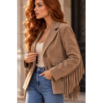 RG202293A–Sacou damă cu franjuri Western Chic – efect piele întoarsă, Taupe - Img 3