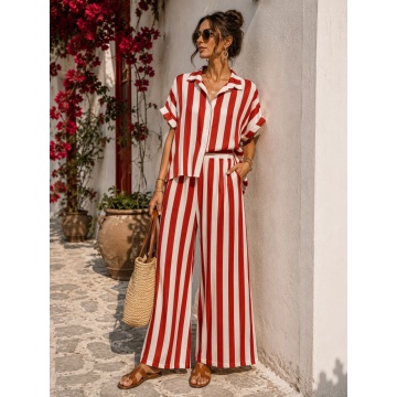 RG240 Set EU 42–46 (L–XXL) oversized din in și bumbac cu dungi roșii – Cămașă & Pantaloni Palazzo | Fabricat în Italia - Img 3