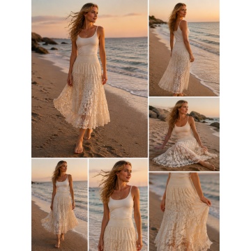 RG3116 Fustă lungă boho din dantelă brodată – Alb Ivory | Fabricată în Italia, marime 42-52 - Img 4