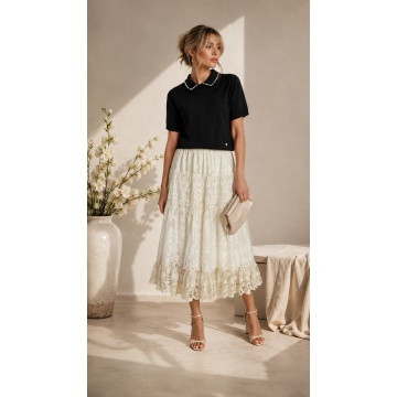 RG3116 Fustă lungă boho din dantelă brodată – Alb Ivory | Fabricată în Italia, marime 42-52