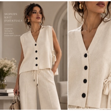 RG3761– Vestă Tricotată Oversize cu Funde Laterale – Ivory