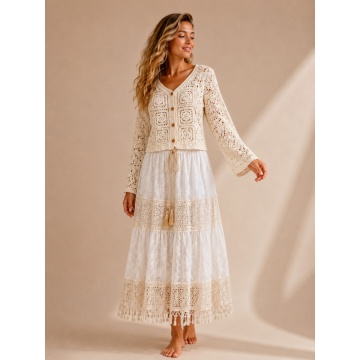 RG5106-2 Fustă Boho Midi din Dantelă cu Volane, Curea Împletită și Franjuri – Alb Ivory | Fabricată în Italia, marime 38-52 - Img 5