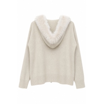 RG5384–Cardigan Tricotat Ivory cu Glugă și Blăniță Detașabilă – Winter Soft - Img 2
