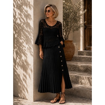 RG7076B-1 Fustă lungă plisată M–2XL cu nasturi decorativi – Negru - Img 3