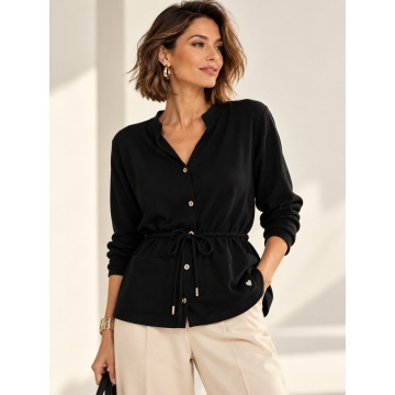 RG7143N–Cardigan din tricot fin cu șnur reglabil în talie – NEGRU