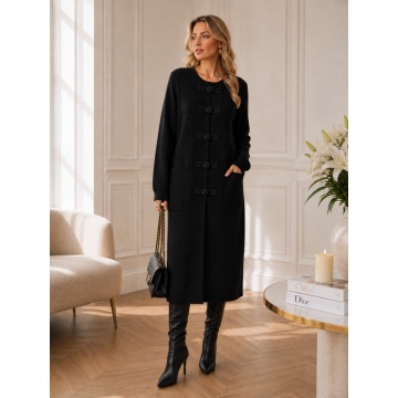 RG9191–Cardigan Lung Tricotat Negru cu Închideri Shanghai – Urban Elegance L–2XL/3XL