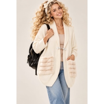 RG93032I-Cardigan Ivory Oversize Cocon cu Buzunare din Blană – Bijoux