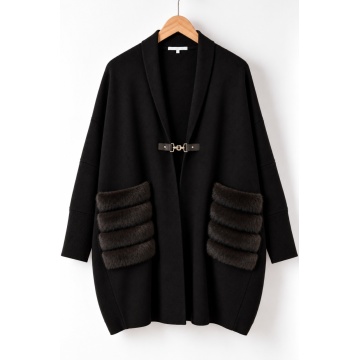 RG93032N-Cardigan Negru Oversize Cocon cu Buzunare din Blană – Bijoux - Img 2