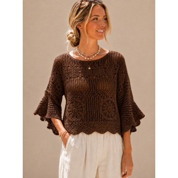 RGA235B –Bluză maro Boho Crochet Amélie – Bumbac 100% - Img 1