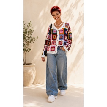 RGEJ007 Cardigan Croșetat Patchwork Multicolor 100% Acrilic (M–4XL) - Img 3