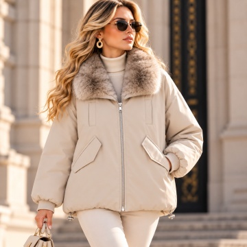 RGHA62001B Jachetă Winter Chic cu Guler Șal din Blană – Relaxed Fit Bej - Img 5