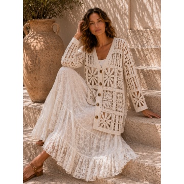 RGR6962 Cardigan Croșetat Bej Natural 100% Bumbac (M–4XL)