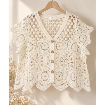 RGYY010 – Bluză scurtă din bumbac croșetat – Ivory–Bumbac 100% - Img 2