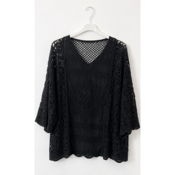 Bluză Boho din Bumbac 100% cu Dantelă Ajurată – Negru RG2006 - Img 2