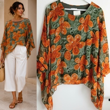 Bluză L-2XL Florală Khaki Orange din Mătase și Vâscoză – One Size RG9072RK