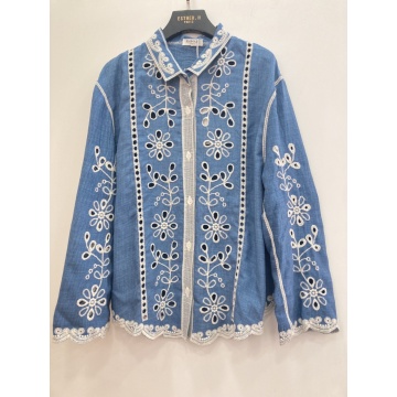 Cămașă din Denim Brodată cu Decupaje Ajurate RGR6968 - Img 2