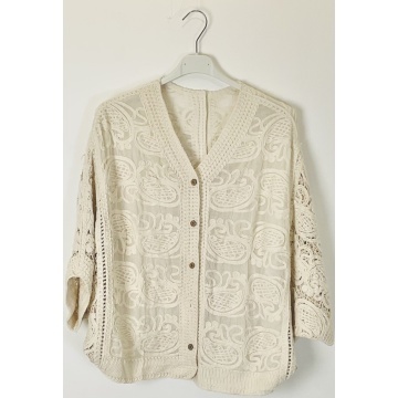 Cardigan Boho Oversize cu Nasturi și Broderie Ajurată – Crem RG2005C - Img 2