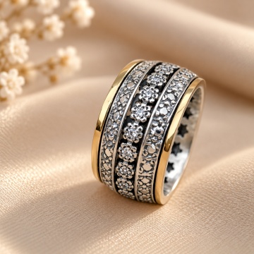Inel Floréa din argint 925 și aur 14K – model floral cu zirconii și textură artizanală R4233