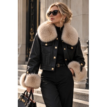 RG202311I–Nume produs Jachetă scurtă Premium Faux Leather & Fur – Noir/Ivory