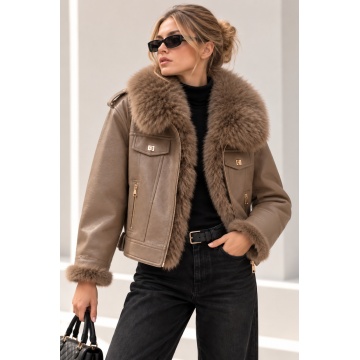 RG202342T–Jachetă Premium Taupe din Piele Ecologică cu Blană Faux
