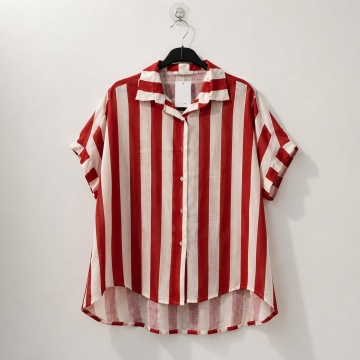 RG240 - Camasa EU 42–46 (L–XXL) oversized din in și bumbac cu dungi roșii - Img 5