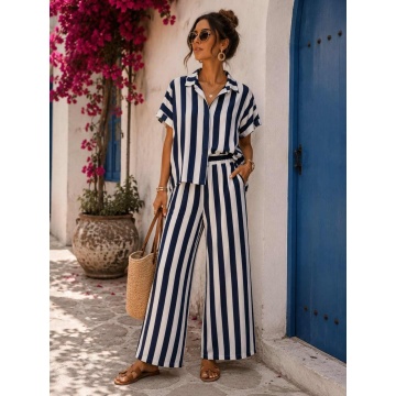 RG240 Set EU 42–46 (L–XXL) oversized din in și bumbac cu dungi Albastru marin- – Cămașă & Pantaloni Palazzo | Fabricat în Italia - Img 2