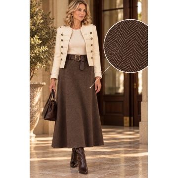 RG250057C Fustă Chocolate Midi Evazată Chevron cu Curea Împletită – Made in Italy - Img 2
