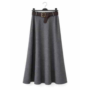 RG250057Gray Fustă Gri Inchis Midi Evazată Chevron cu Curea Împletită – Made in Italy
