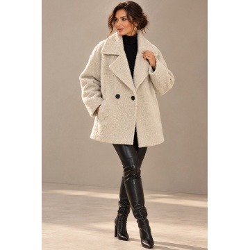 RG3319C Palton CREM Scurt Bouclé Elegance cu Rever Amplu și Căptușeală Leopard – Made in Italy-L–2XL