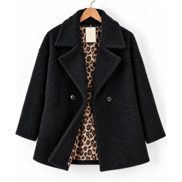RG3319N Palton negru Scurt Bouclé Elegance cu Rever Amplu și Căptușeală Leopard – Made in Italy-L–2XL - Img 3