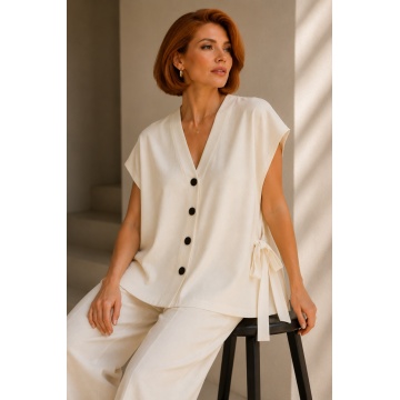 RG3761– Vestă Tricotată Oversize cu Funde Laterale – Ivory