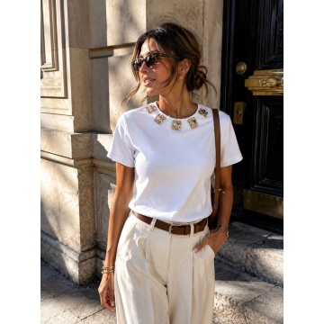RG377–Tricou ALB Elegance Jewel – Bumbac cu Aplicații Aurii - Img 3