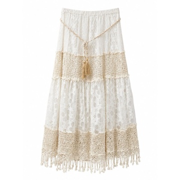 RG5106-2 Fustă Boho Midi din Dantelă cu Volane, Curea Împletită și Franjuri – Alb Ivory | Fabricată în Italia, marime 38-52 - Img 2