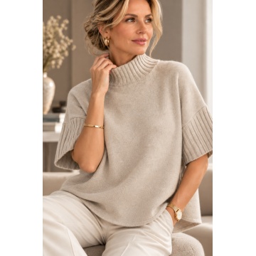 RG5224T –Pulover Taupe Oversize cu Guler Înalt și Mâneci Scurte – Soft Knit