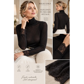 RG5232N–Bluză Neagra Fină cu Cașmir și Modal, Guler Înalt și Manșete din Dantelă - Img 4